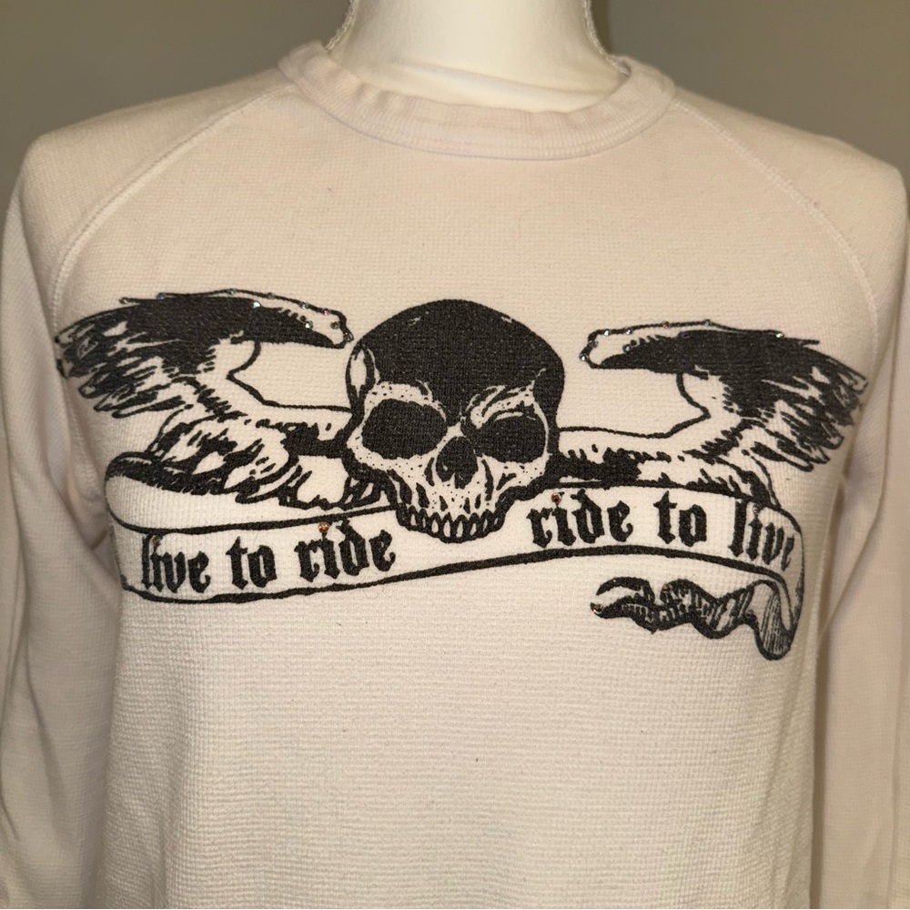 OLD NAVY ‘08 Live to Ride Skull Wings Tiny Rhinestones Waffle Long Sleeve Sz. S